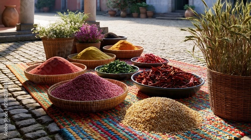 Assortment of vibrant spices and grains arranged in baskets on a textured mat during golden hour sunlight