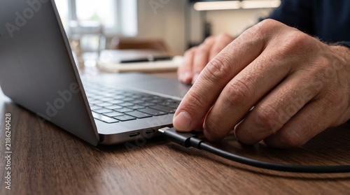 Detail shot of a hand inserting a power cable into a sleek portable computer, symbolizing connectivity and the daily routine of keeping electronic devices charged and ready for use