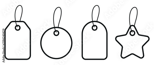 Set of four different hanging sale tags with simple linear designs.