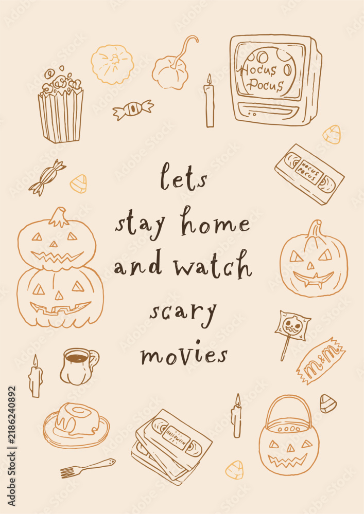 Obraz premium Haunted Halloween line art fun poster. Cute and cozy whimsical home decor for autumn holidays. Let's stay home and watch scary movies. Movie night. Hand drawn vector design for 31 October