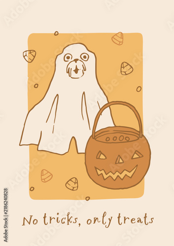 Haunted Halloween line art fun dog poster. Cute and creepy pet whimsical home decor for autumn holidays. Notricks, only treats.  Hand drawn vector design for 31 October