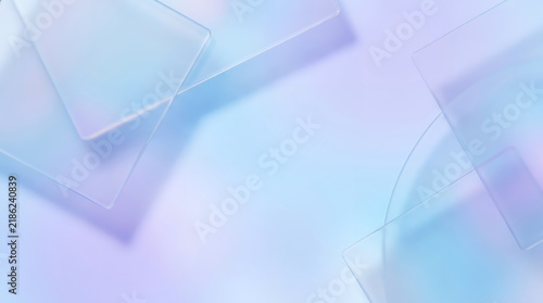 Minimalist background with layered translucent frosted glass sheets in soft purple and blue pastel tones.