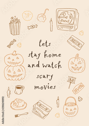 Haunted Halloween line art fun poster. Cute and cozy whimsical home decor for autumn holidays. Let's stay home and watch scary movies. Movie night. Hand drawn vector design for 31 October