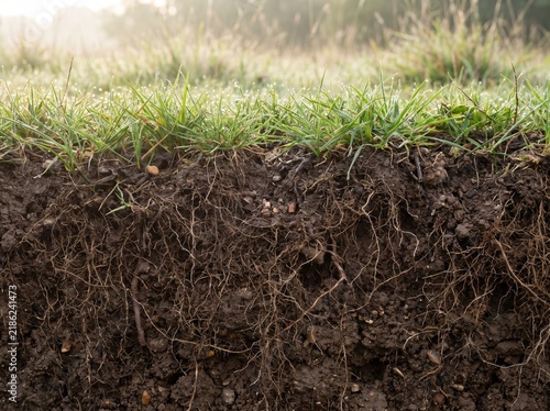 Horizontal cross-section of green grass roots growing in fertile soil profile