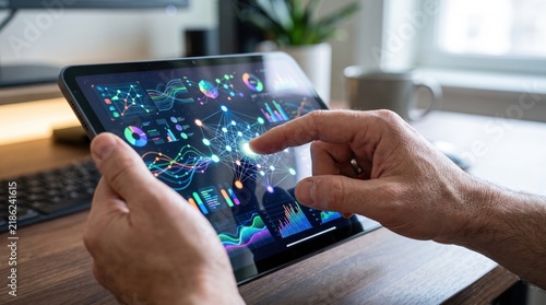 Hands interacting with digital data analytics and colorful charts on a tablet touchscreen in a modern workspace
