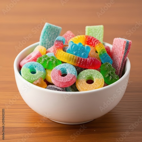 A white ceramic bowl overflowing with vibrant multicolored gummy candies of various shapes and textures against a clean wooden surface, bright, unhealthy, blue