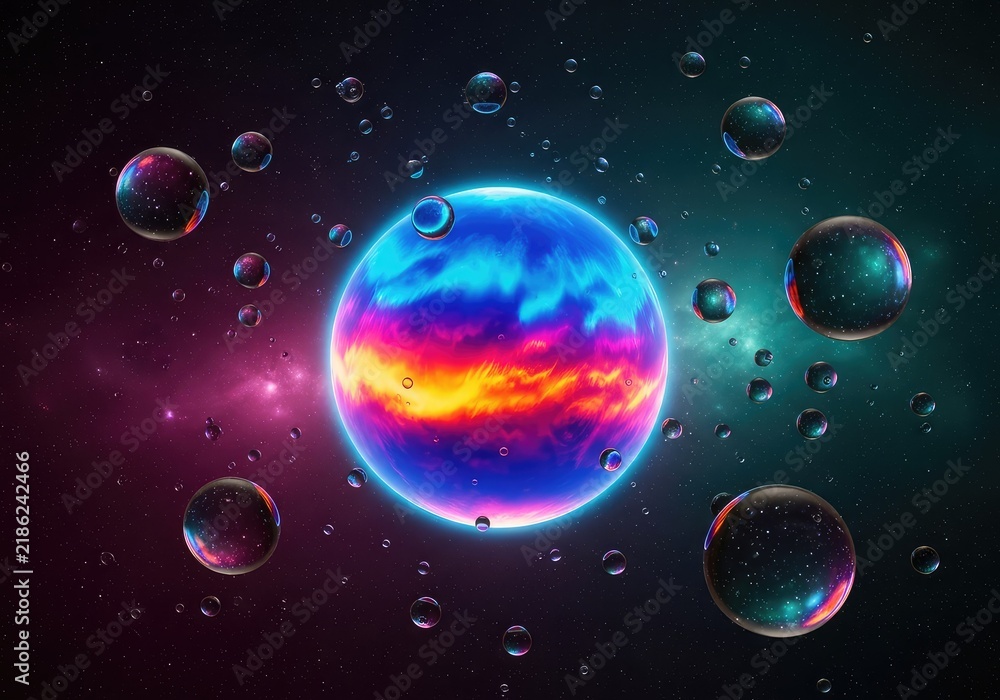 Fototapeta premium Abstract cosmic background featuring a vibrant planet orb surrounded by glowing glass bubbles and iridescent spheres in deep space ether, space, glass, design