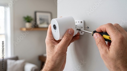 Close-up of skilled hands meticulously installing a sleek white wireless security camera on a home wall using a screwdriver, enhancing residential safety and smart monitoring capabilities