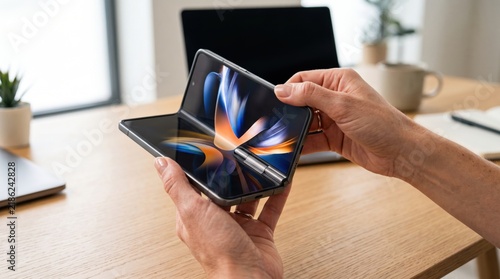 Person holding and folding a modern smartphone with a flexible touch screen display at a wooden desk