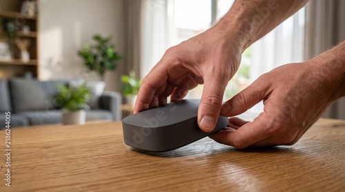 Person Carefully Placing a Modern Wireless Charging Pad on a Wooden Table in a Cozy Living Room Setting