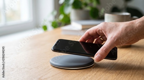 Close-up of a hand placing a mobile phone on a circular wireless charger on a wooden table