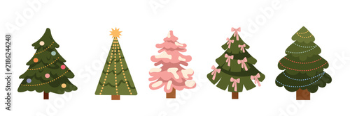Set of stylized decorated Christmas trees including green pine trees with baubles, garlands, pink bows, and snowy pink tree isolated on white background. Holiday vector collection