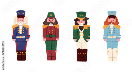 Set of traditional wooden Christmas nutcracker soldiers in blue, red, green, and light blue uniforms isolated on white background. Holiday vector collection