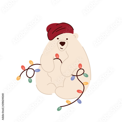 Cute white polar bear in cozy red hat holding colorful christmas light garland isolated on white background. Winter holiday vector character element