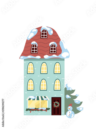 Cozy winter house decorated for Christmas with snowy red roof, wreath on door, snowman, and pine tree isolated on white background. Holiday vector element