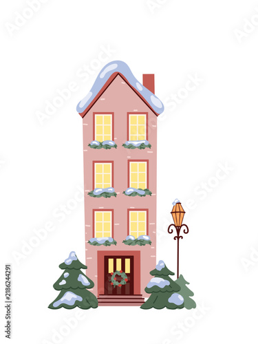 Cozy pink European winter house decorated for Christmas with snowy roof, pine trees, street lamp, and wreath on door isolated on white background. Holiday vector