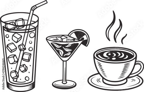 Beverage sketch collection in black and white featuring drink with straw cocktail and coffee cup.
