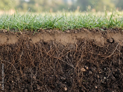 Horizontal cross-section of green grass roots growing in a layered fertile soil profile