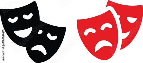 Theater masks drama and comedy symbols in black and red for performance arts.