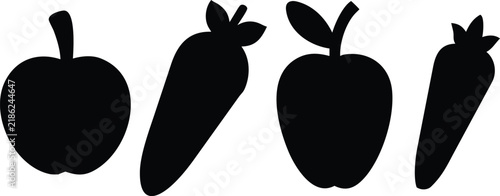 Apple and carrot silhouette icons in solid black representing healthy fruits and vegetables set.