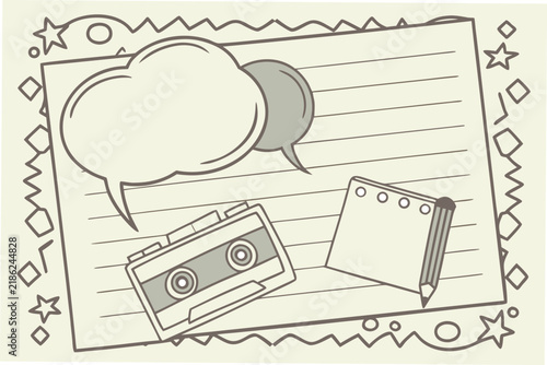 Vintage paper with speech bubble cassette tape notepad and pencil for retro communication concept.