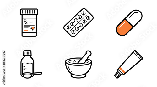 Medical icons representing various pharmaceutical products are arranged in a clean grid format.