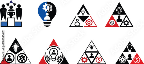 Business strategy icons set, 8 vector infographic elements, leadership and innovation symbols