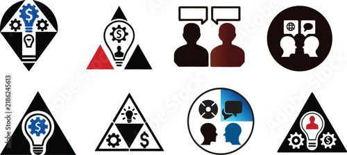 Business strategy icons, financial brainstorming symbols, set of 8 vector marketing graphics