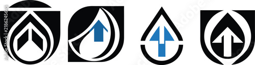 Abstract arrow logo set, geometric drop icons, blue and black corporate symbols