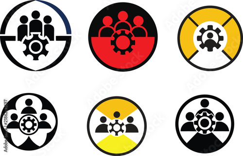 Business teamwork icons, management gear symbols, 6 corporate leadership vector elements