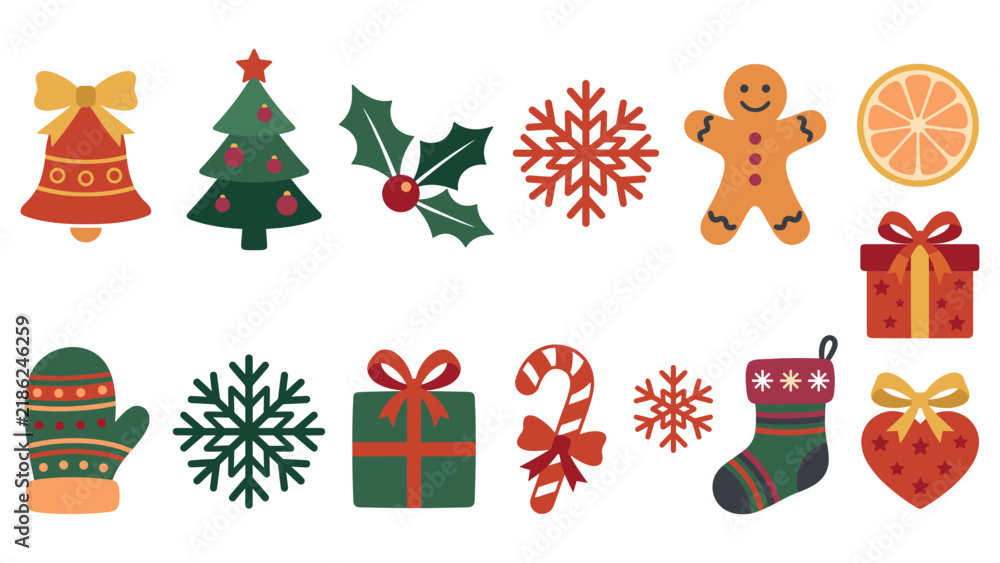 Fototapeta premium Set of cute christmas icons for festive winter holiday decoration.