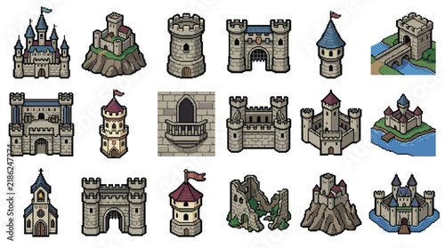 Quadro su tela Set of various medieval castle and fortress icons in isometric pixel art style