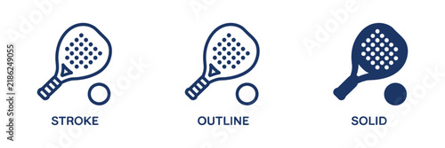 Padel icon with editable stroke, outline and solid styles representing padel, tennis, racket sport, competition, training, fitness, and recreation