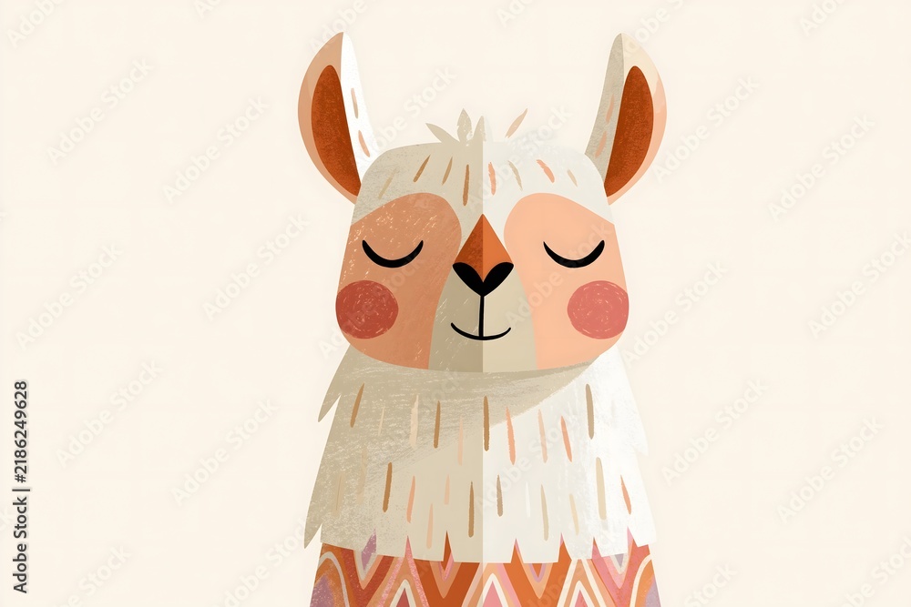 Obraz premium Illustration of a cute llama with colorful geometric folk patterns on its neck. Playful, Scandinavian-style animal character art with soft pastel tones, perfect for nursery decor and prints.