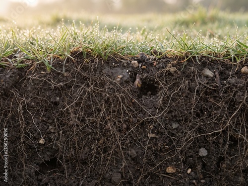 Horizontal cross-section view of green grass roots in fertile soil with morning dew