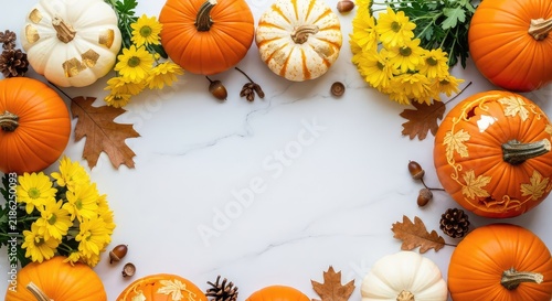 Elegant pumpkins and yellow chrysanthemums placed on a white marble surface, capturing the warm and rustic essence of the autumn season, modern, celebration, top view