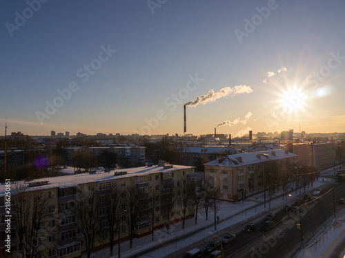 The city outdoor Factory chimneys. Winter.