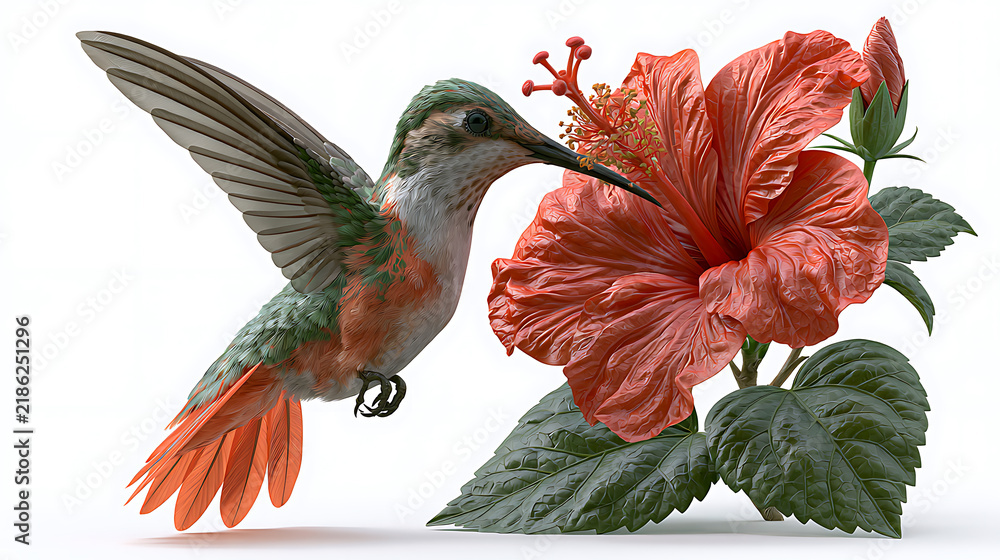 Fototapeta premium Hummingbird feeding on a red hibiscus flower detailed 3d rendering