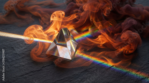 Prism refracting rainbow light through swirling orange smoke on dark textured surface