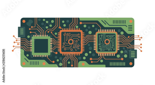 Flat Design Circuit Board Illustration with Processors and Digital Connections