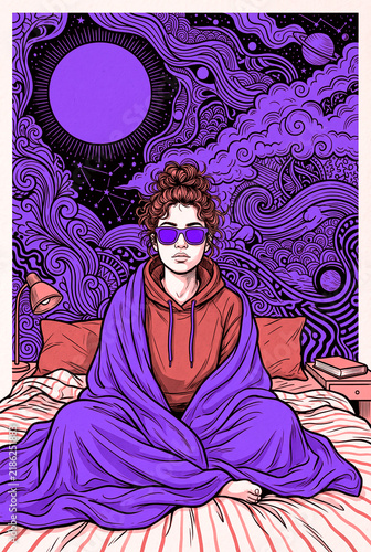 Cozy Young Woman in Sunglasses Wrapped in violet Blanket Sitting in Bed, Psychedelic Swirling Background Illustration