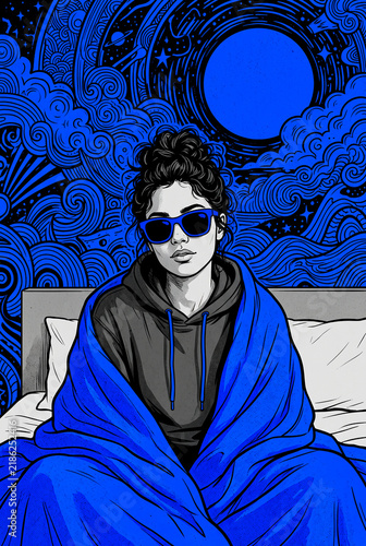 Cozy Young Woman in Sunglasses Wrapped in Blue Blanket Sitting in Bed, Psychedelic Swirling Background Illustration
