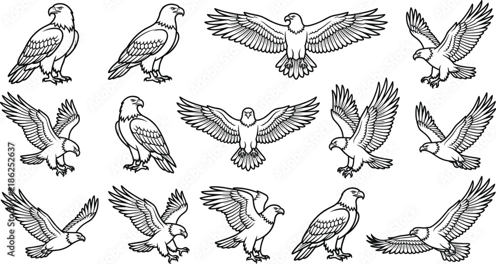 Obraz premium Large collection of eagle icons in various flight and pose states.