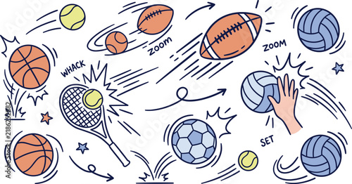 Hand drawn sports equipment and action doodle illustrations featuring basketball football volleyball tennis and recreation