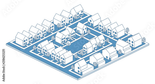 An isometric illustration presents a dense residential neighborhood with numerous identical houses arranged in a grid pattern around a central road network, all rendered in simple blue outlines.