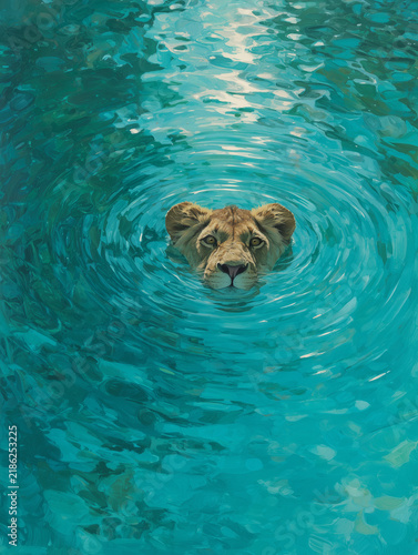 Lioness head emerging from blue water ripples