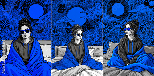 Cozy Young Woman in Sunglasses Wrapped in Blue Blanket Sitting in Bed, Psychedelic Swirling Background Illustration