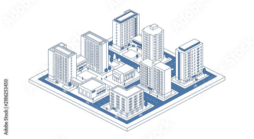 Central business district with numerous high-rise buildings and commercial structures is presented as an isometric blueprint illustration.