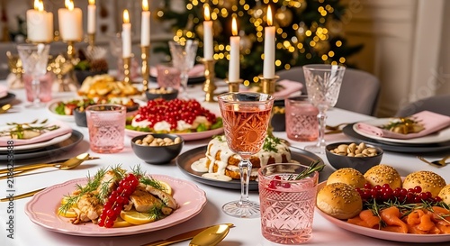 Festive christmas dinner table setting with candles and gourmet food