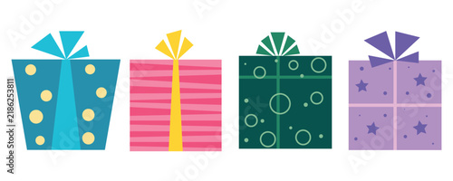 Colorful Gift Box Collection with Festive Wrapping Designs Isolated on White Background